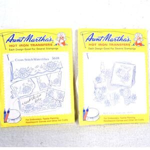 2 Aunt Martha's Hot Iron Transfers Early Am Motifs & Cross Stitch Waterlilies